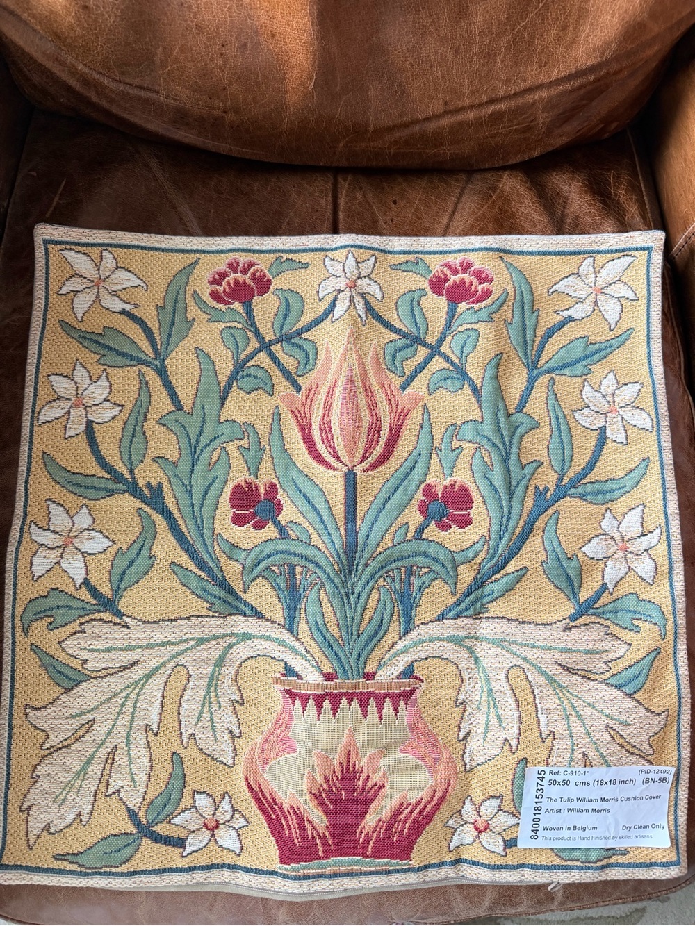 William Morris Style Floral Tapestry Pillow Cover - Yellow, Teal, Red, Cream